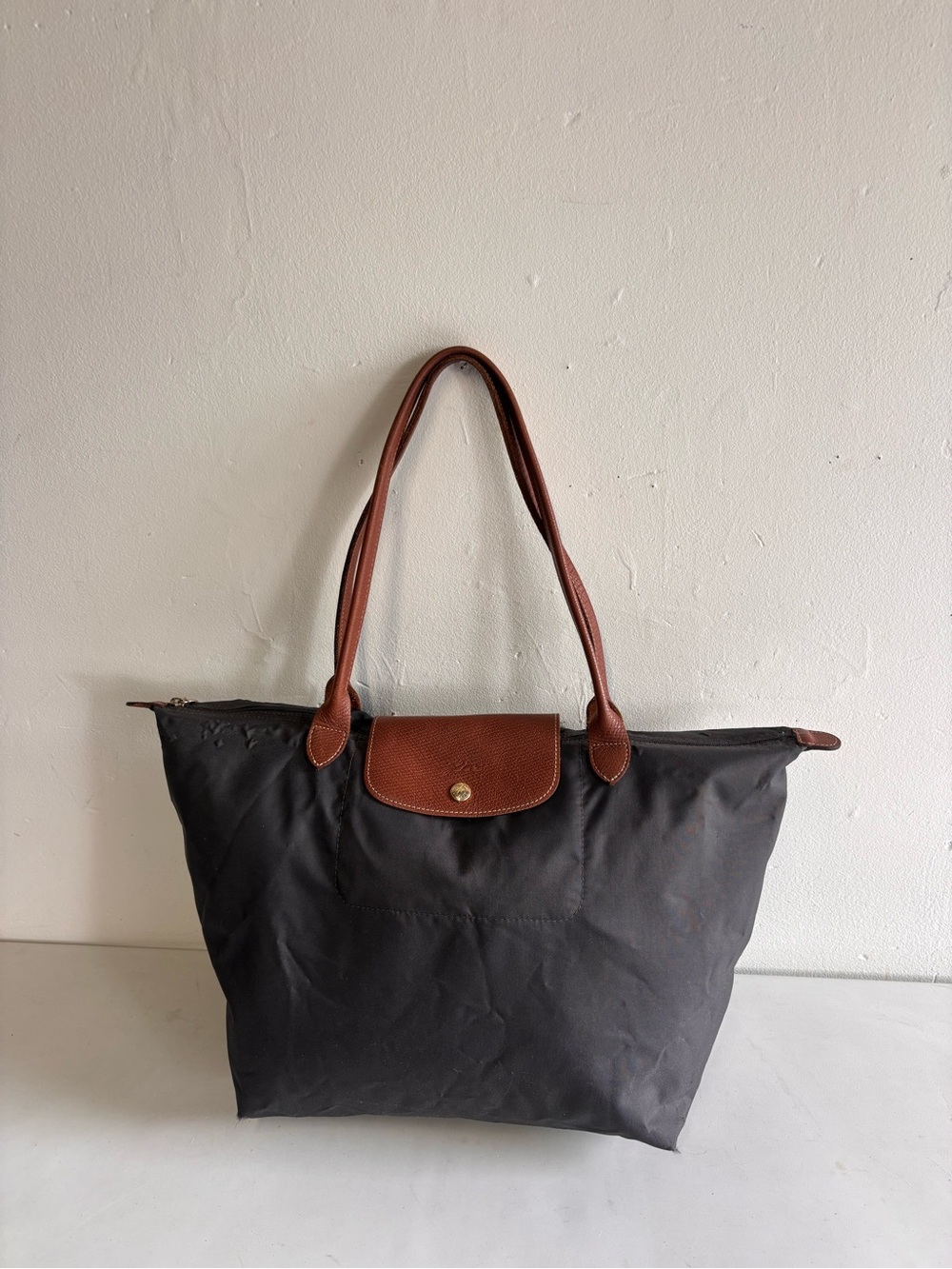 Longchamp Black Nylon Tote with Brown Leather Trim - Picture 2 of 12